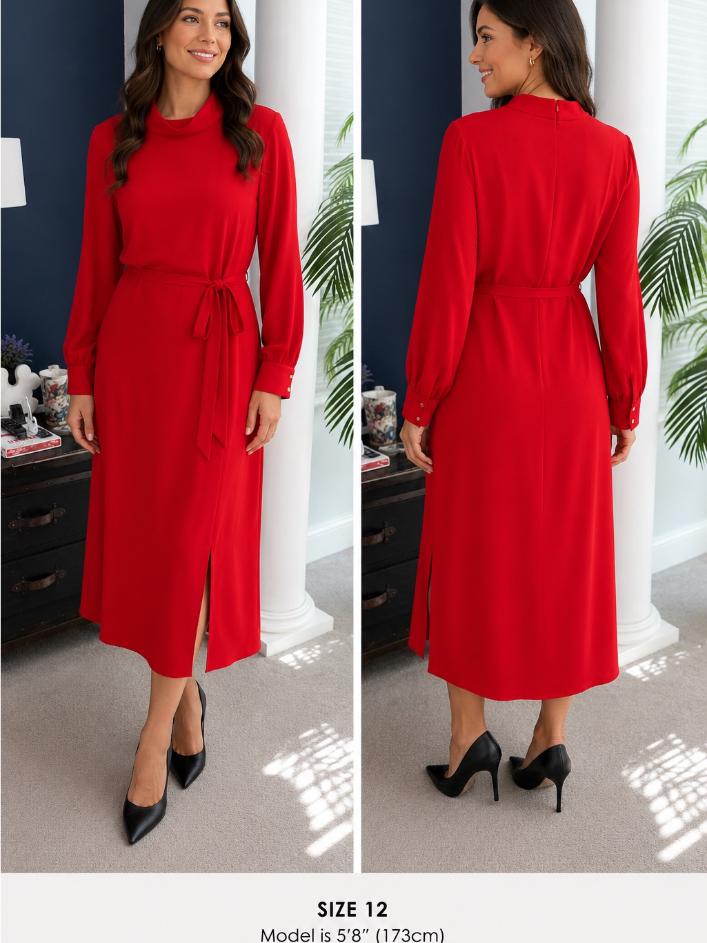Banana Republic Red Long-Sleeve Midi Dress With Waist Tie